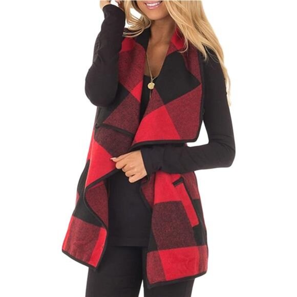 Plaid Lapel Vest - Open Front Sleeveless Cardigan with...